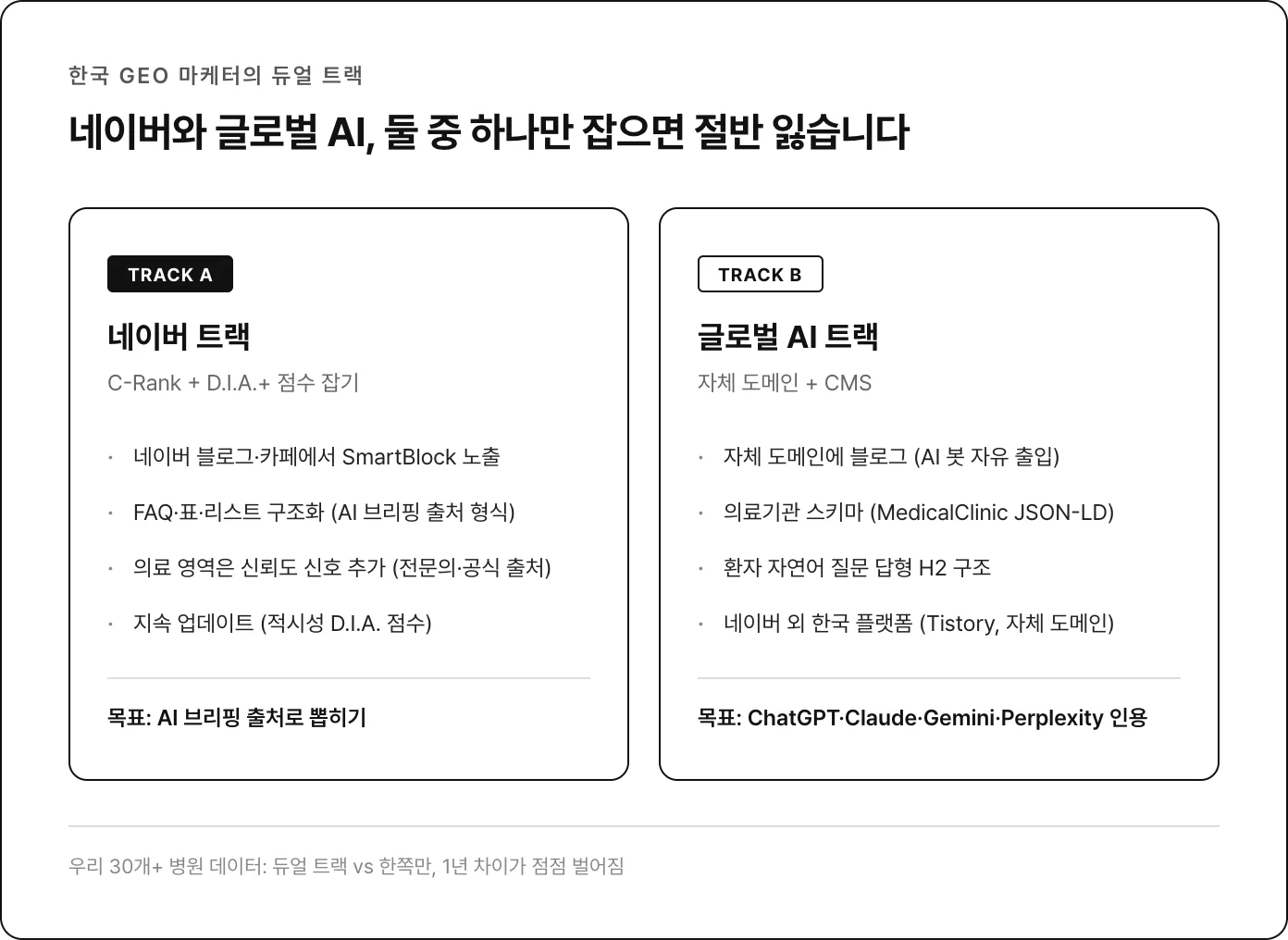 듀얼 트랙 액션 매트릭스: TRACK A (네이버 - C-Rank+D.I.A.+) / TRACK B (글로벌 AI - 자체 도메인+CMS)
