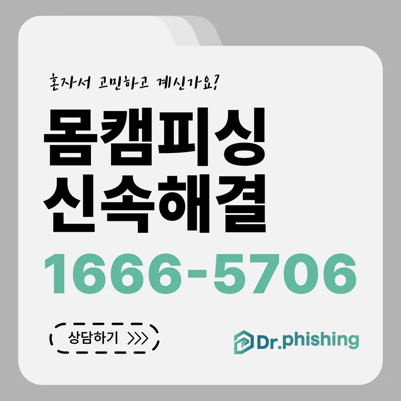 '혼자서 고민하고 계신가요?'와 '몸캠피싱 신속해결' 문구, 상담 전화번호 1666-5706, 상담하기 버튼이 담긴 닥터피싱 화상채팅몸캠피싱 상담 안내 카드
