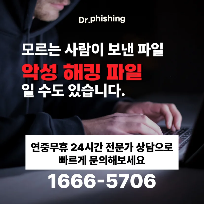후드를 쓴 채 노트북을 사용하는 인물 배경에 모르는 사람이 보낸 파일이 악성 해킹 파일일 수 있다고 경고하며, 연중무휴 24시간 전문가 상담 안내와 닥터피싱 전화번호 1666-5706이 표시되어 있다