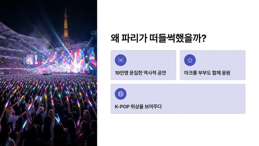 BTS 파리 공연 19만명 운집, 마크롱 부부도 응원한 '아미밤'의 의미 BTS 파리 공연, 19만 명이 모인 '역사적 무대'