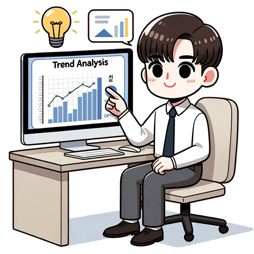 DALL·E 2023-10-13 12.08.45 - Cartoon illustration of a young Korean male employee in a formal shirt and tie, sitting at an office desk, looking intently at a computer monitor disp.png