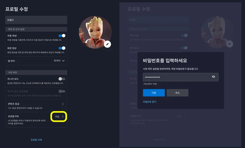 디즈니플러스 프로필 PIN 메뉴 설정