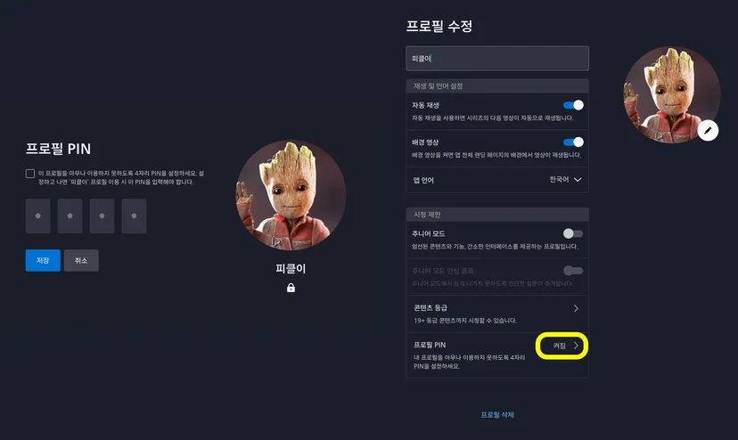 디즈니플러스 프로필 PIN 활성화