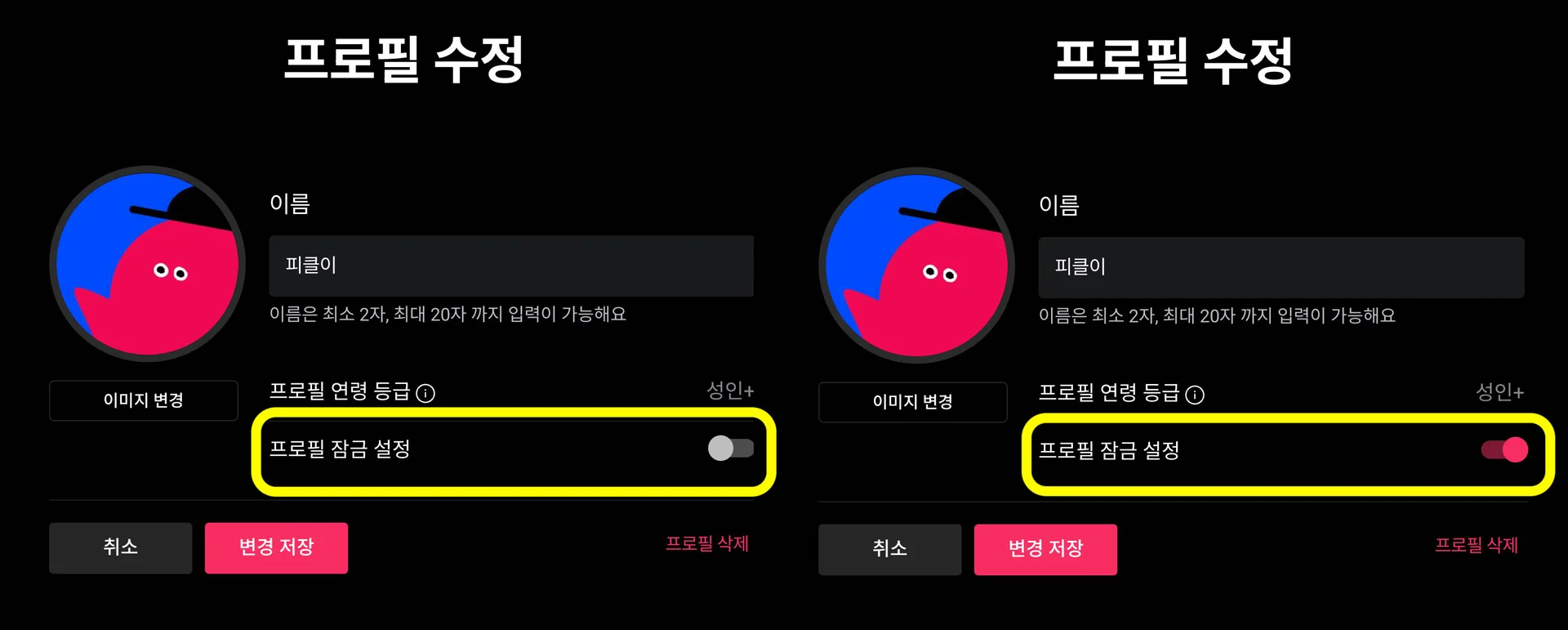 와샤 프로필 잠금 설정 활성화 화면