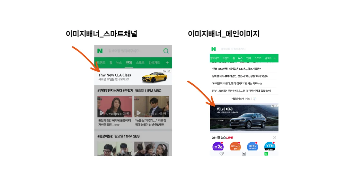 네이버 광고 스마트채널과 메인이미지 지면 예시