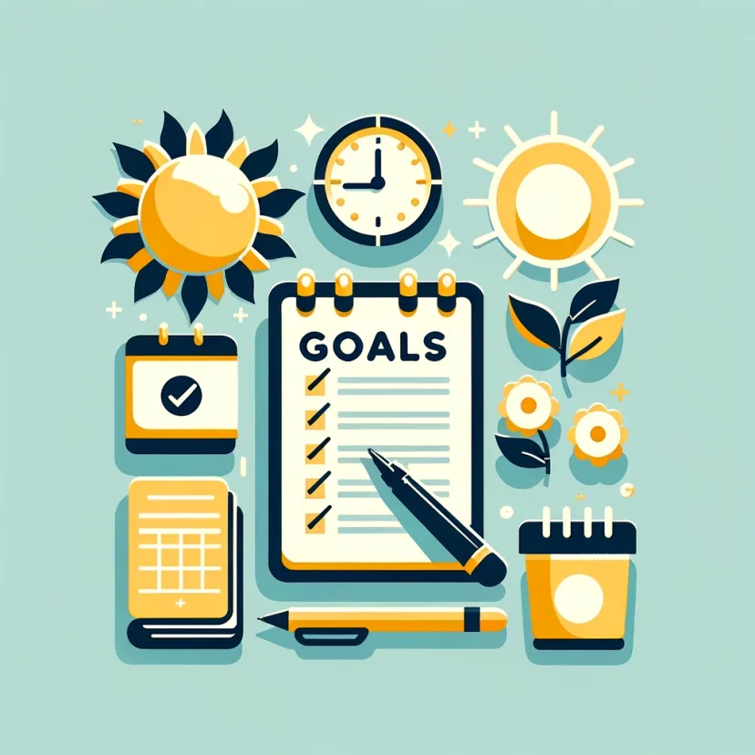 Define Your Goals: A notepad with goals and a rising sun, symbolizing planning and aspirations​​.