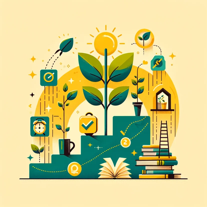 Start Small and Build Gradually: Symbolic representation of growth, with small morning activity icons growing in size​​.