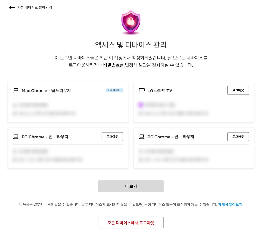 넷플릭스 액세스 및 디바이스 관리  화면