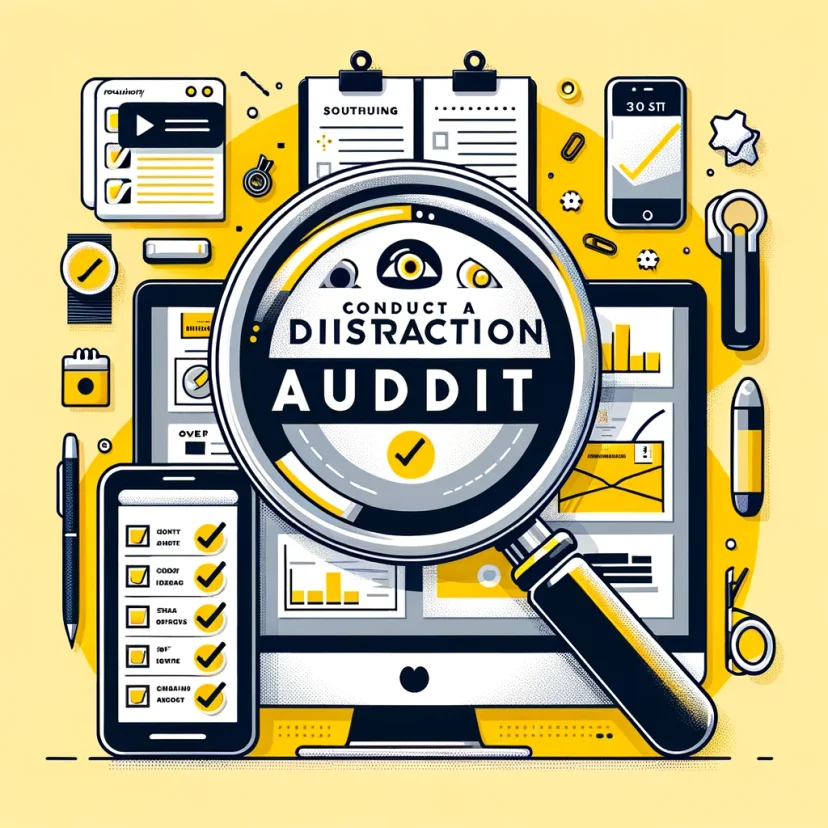 Magnifying glass over desk revealing distractions and a checklist for conducting a distraction audit in a workspace.