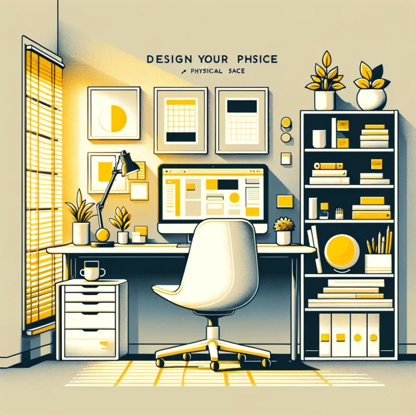 Minimalist ergonomic workspace with natural light and organized desk for designing a physical space conducive to focus.