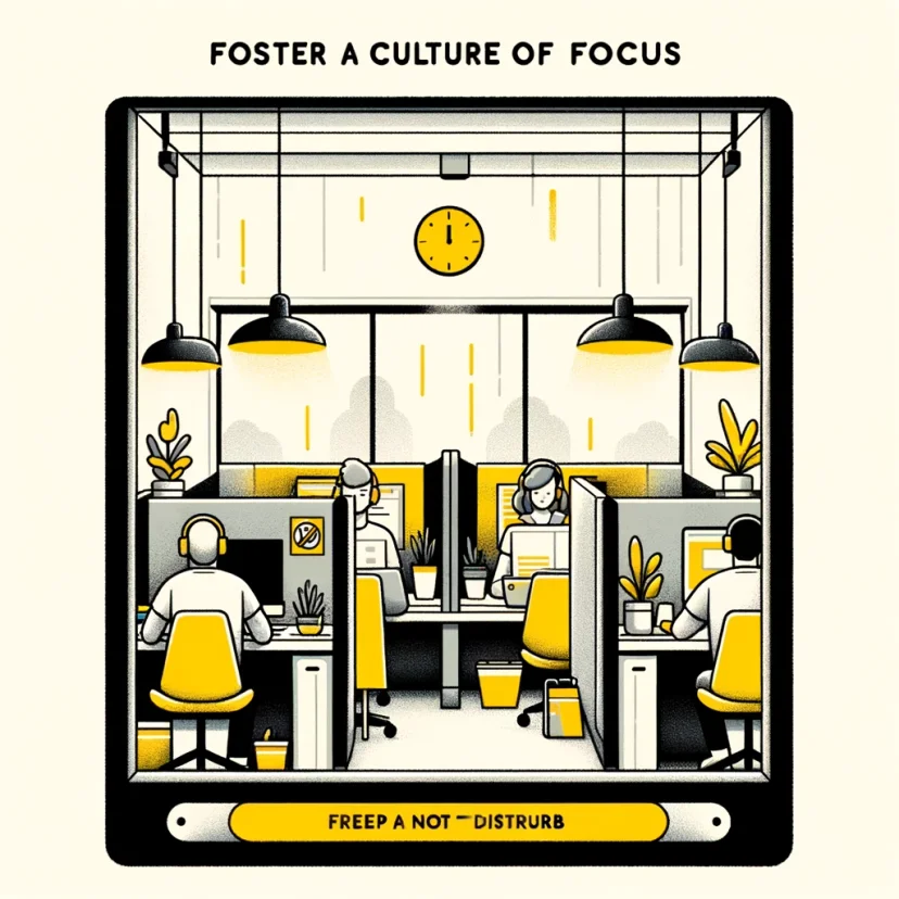 Shared workspace with individuals showing deep work dedication using visual cues like headphones for fostering a focus culture.