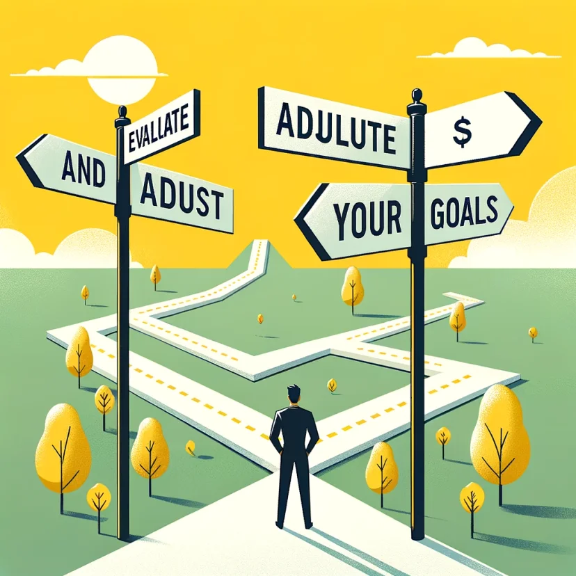 A person at a crossroads looking at signposts, symbolizing self-reflection and goal adjustment.