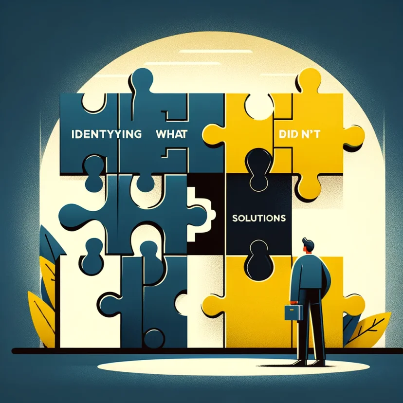 A figure contemplating a puzzle, representing the identification of challenges and formulation of solutions.