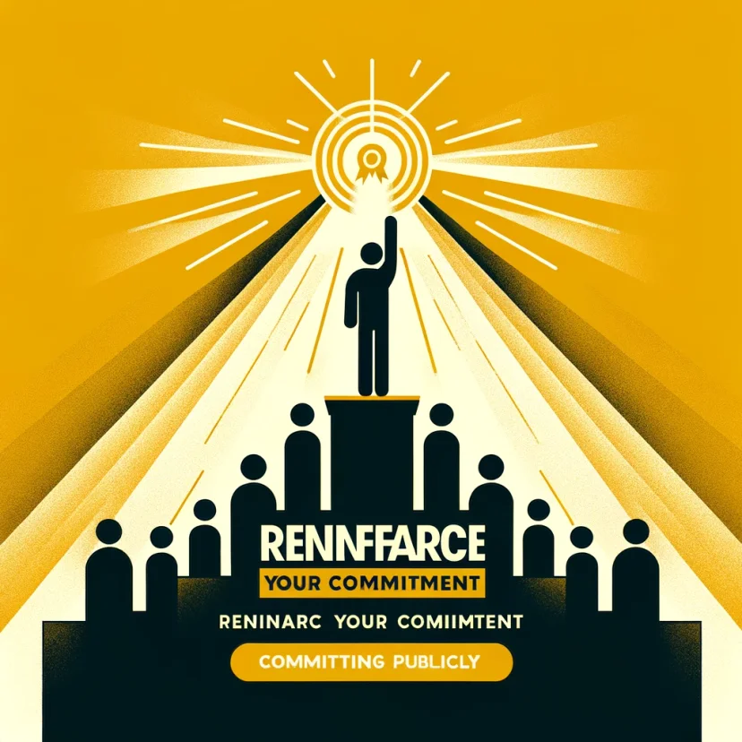 A figure reaching towards a light with people around, symbolizing motivation renewal and public commitment.