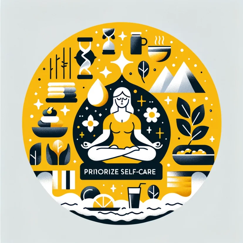 A relaxed figure in a serene setting with self-care items, highlighting the importance of relaxation and self-care.