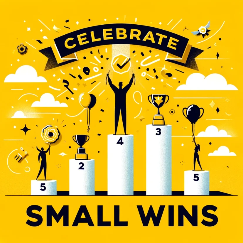 A figure on ascending platforms with celebration symbols, emphasizing acknowledging and celebrating progress.