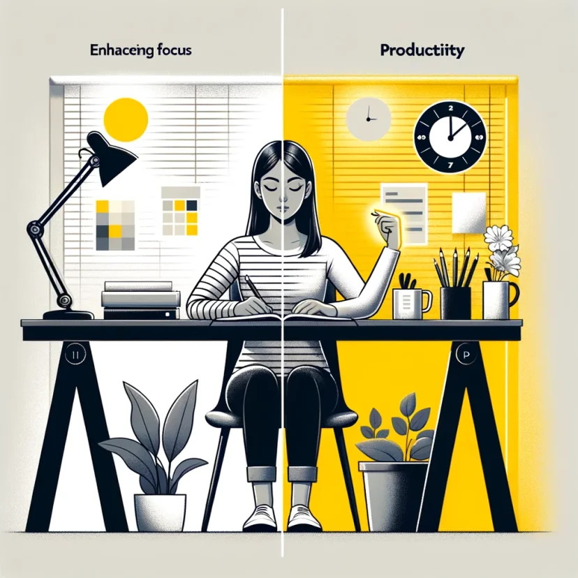 This image depicts a young woman in a calm, organized workspace, focusing intently on her tasks, surrounded by time management tools like a clock and planner, embodying the structured daily routine.