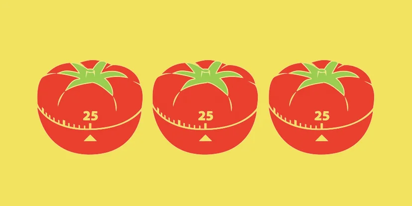 Digital illustration of a tomato-shaped Pomodoro timer set to 25 minutes, surrounded by a checklist of tasks, a pencil, and icons representing short and long break intervals, symbolizing the time management method of the Pomodoro Technique.