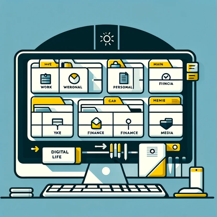 The section image for organizing digital files displays a minimalist computer screen with clearly labeled folders such as 'Work', 'Personal', 'Finance', and 'Media', embodying the concept of a decluttered digital space.