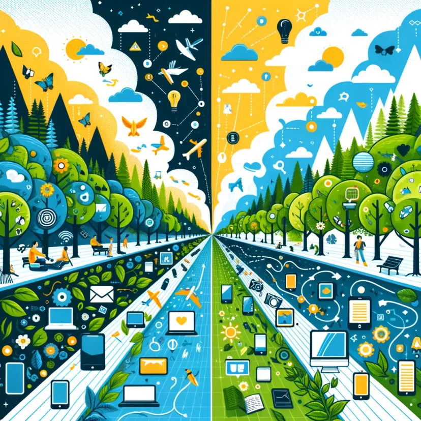 an image that depicts the contrast between technology use and nature, highlighting the balance we aim to achieve.