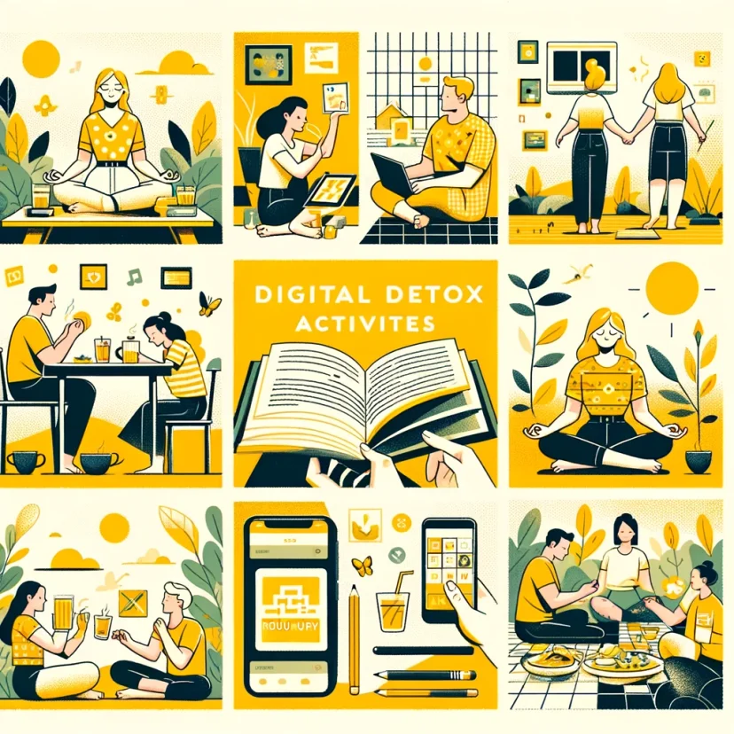 Images depicting people engaging in digital detox activities like reading or spending time outdoors.