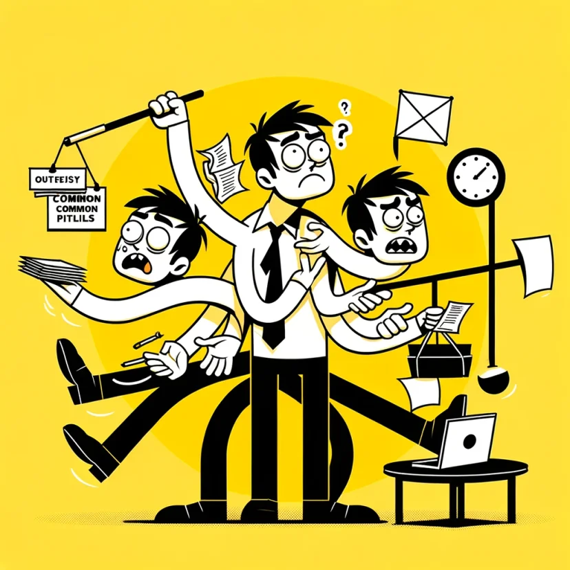 confused or overwhelmed individual trying to juggle multiple goals at once. This individual should be depicted in a whimsical manner, with exaggerated expressions of confusion and being overwhelmed, to highlight the importance of avoiding common goal-setting mistakes.