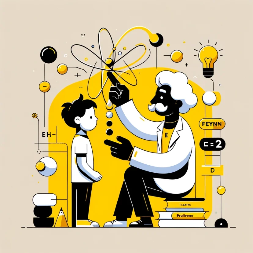 a minimalistic illustration that shows a character teaching a complex concept to a child, using simple terms and analogies. This visual captures the essence of the Feynman Technique, focusing on clarity and the joy of learning within Routinery's brand colors and style.