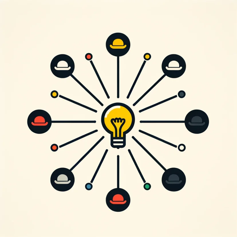 combining the concepts of mind mapping and the Six Thinking Hats technique into a single visual. It's designed to convey the essence of these techniques through abstract symbolism, using Routinery's brand colors for a clear and minimal representation.
