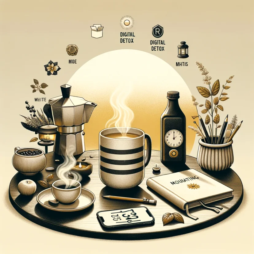 The section image designed to illustrate the integration of morning rituals, digital detox, and minimalist spaces for encouraging practical steps towards slow living has been created. This visual aims to inspire the adoption of a serene and intentional start to the day, embodying the principles of simplicity, mindfulness, and intentionality within a daily routine.