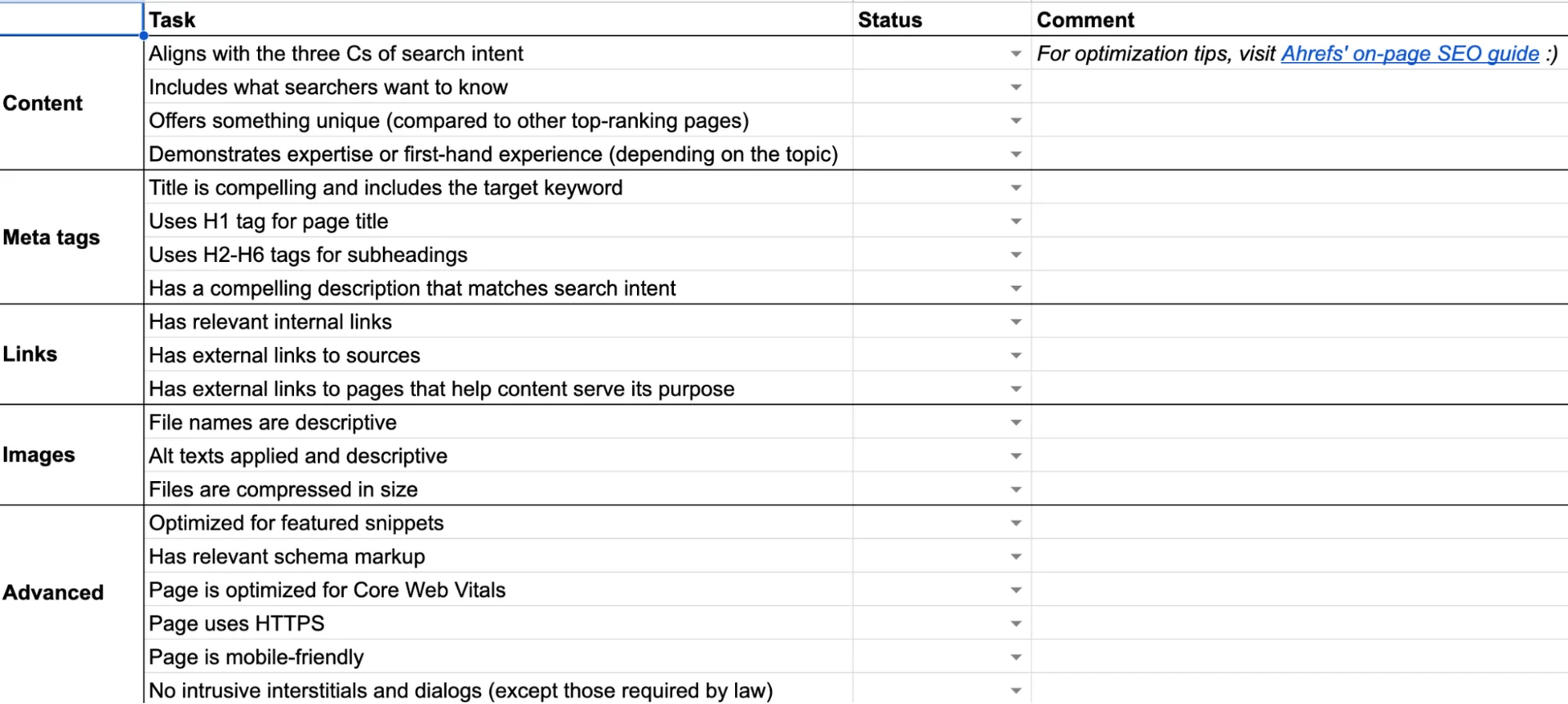A preview of the on-page SEO checklist.