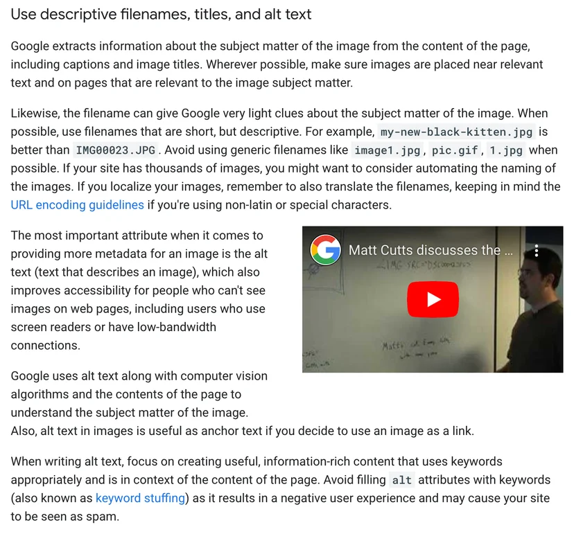 Use descriptive filenames, titles, and alt text