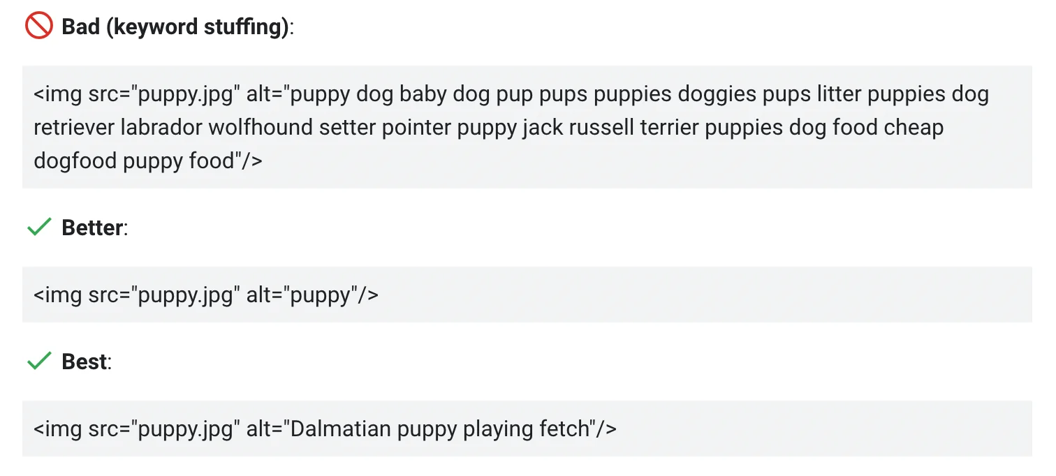Use descriptive filenames, titles, and alt text
