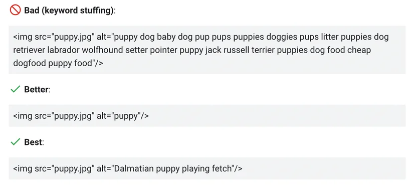 Use descriptive filenames, titles, and alt text