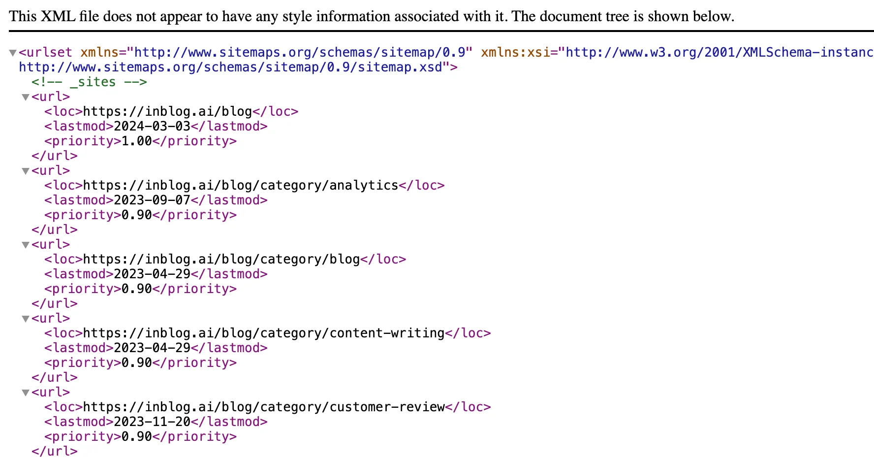 An example of an Inblog sitemap
