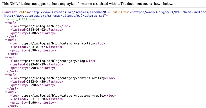 An example of an Inblog sitemap