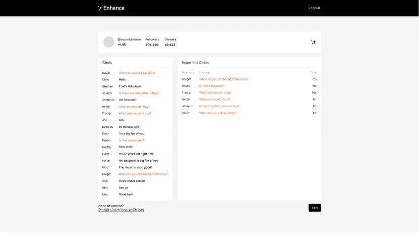 A dashboard that you can see through our Enhance while streaming