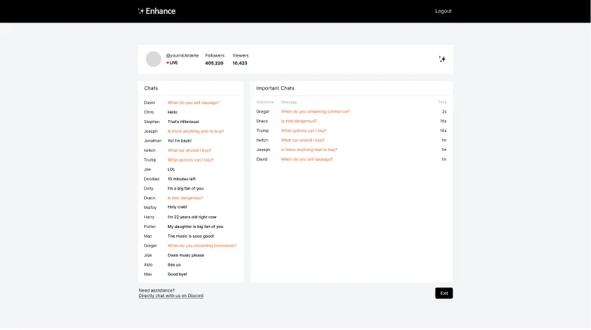 A dashboard with our service while streaming