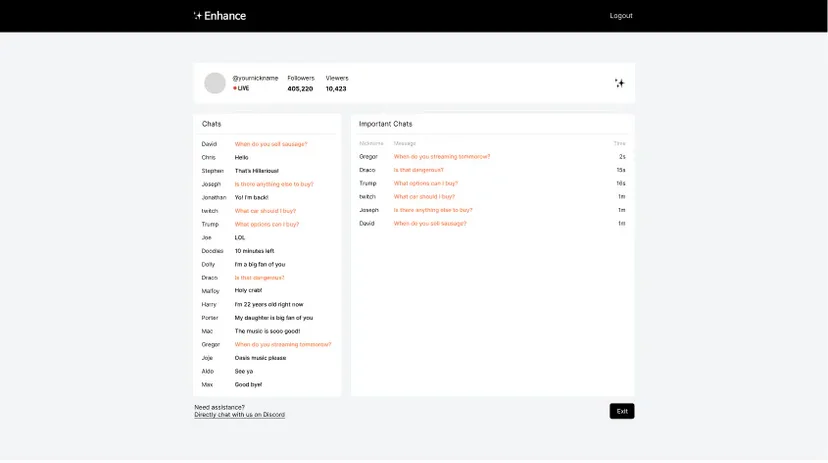A dashboard with our service while streaming