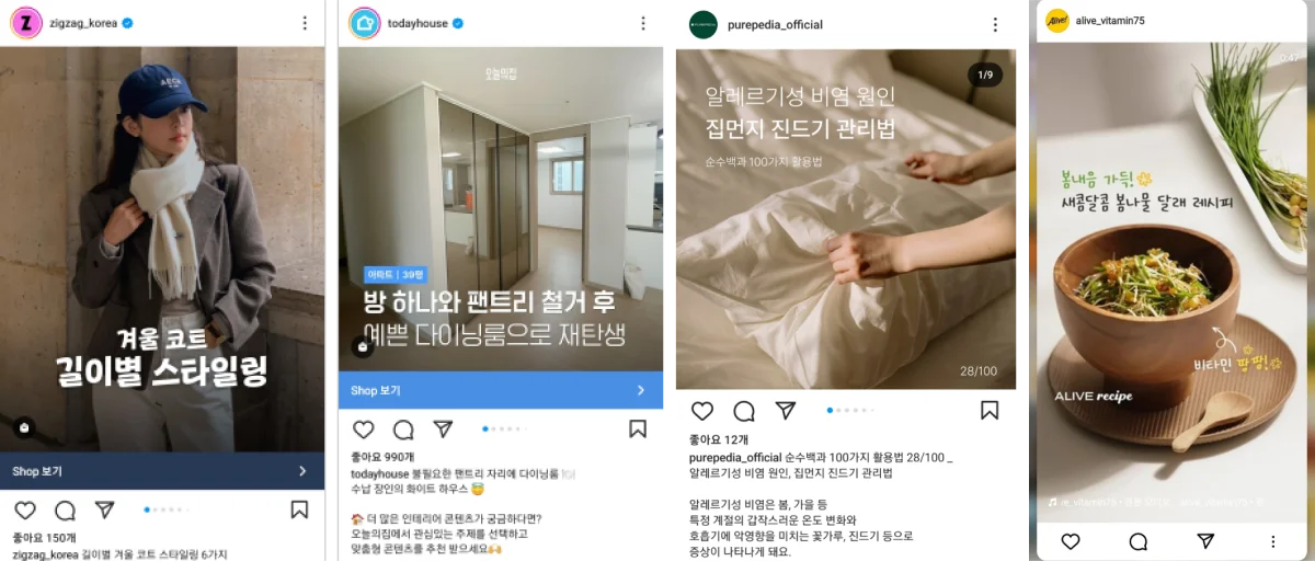 지그재그, 오늘의집, 순수백과, 얼라이브 인스타그램