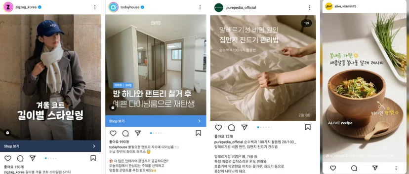 지그재그, 오늘의집, 순수백과, 얼라이브 인스타그램