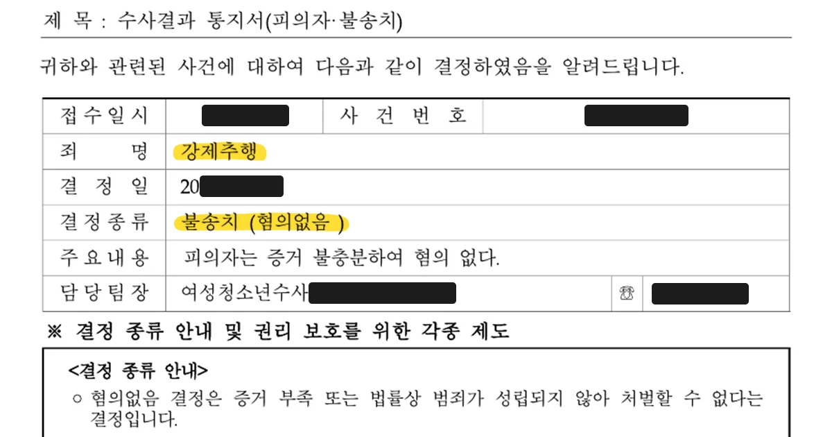 법무법인 이현을 선임해 강제추행 불송치결정 무혐의를 받은 수사결과 통지서