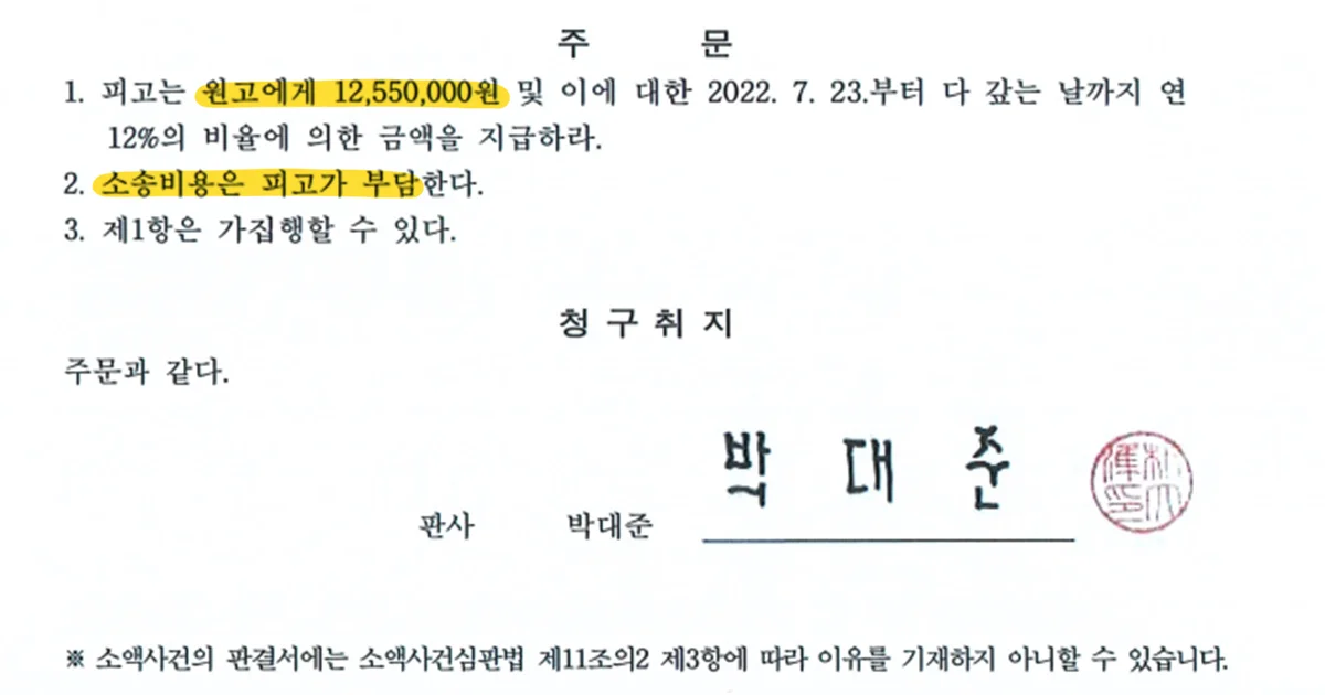 법무법인 이현에서 대여금 반환 소송 승소한 판결문