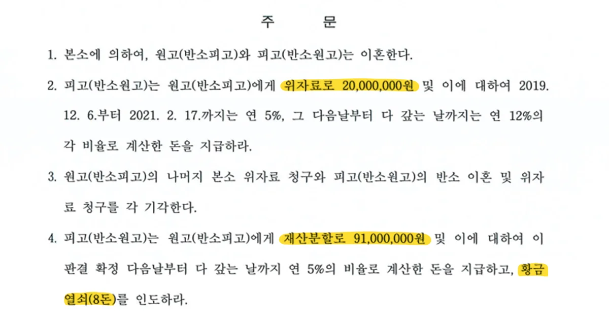 법무법인 이현의 상간소송 위자료와 이혼소송 재산분할 판결문