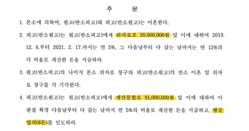 법무법인 이현의 상간소송 위자료와 이혼소송 재산분할 판결문