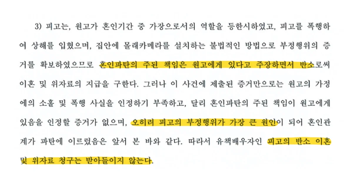 이혼소송 중 혼인파탄 원인을 미루기 위해 반소했지만 기각