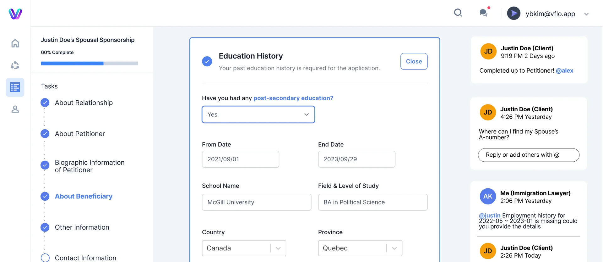 Visaflo dashboard displaying immigration case management features and example client information