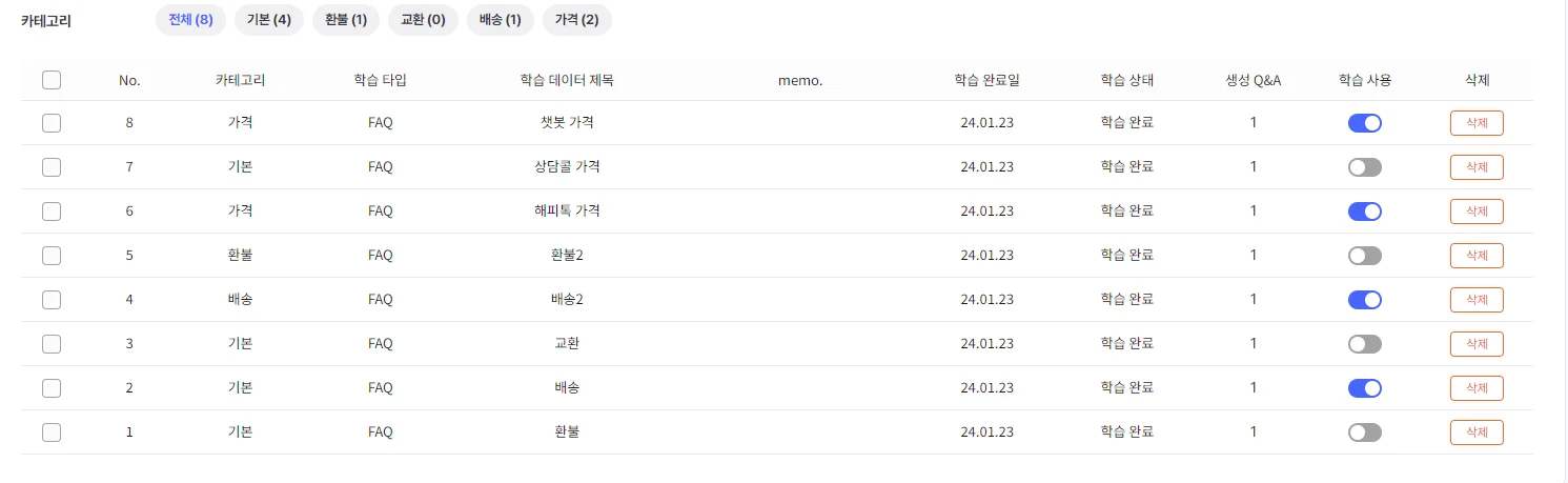 해피톡 - 학습 데이터 온오프