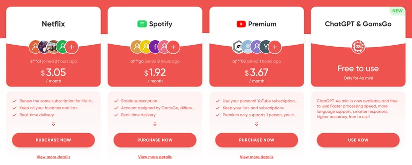 Top 3 Netflix Account Sharing Services : PicklePlus vs GamsGo vs Together Price