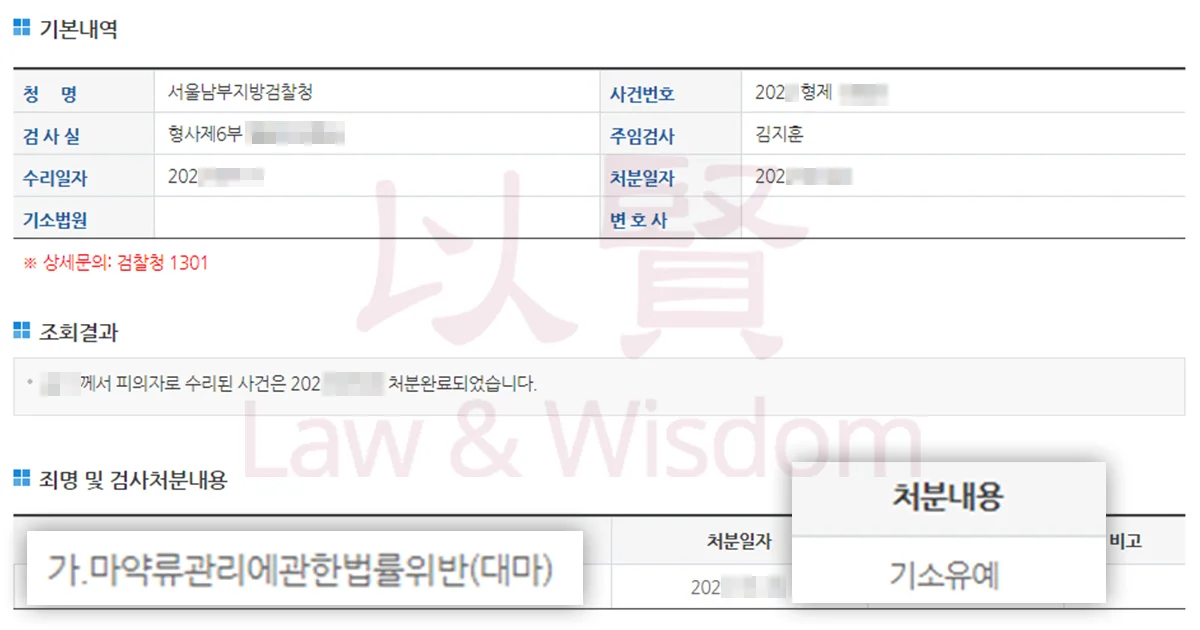 마약류관리법 위반 기소유예 처분 내역