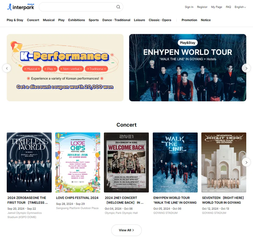 ekyc 솔루션을 이용 중인 Interpark Global Homepage